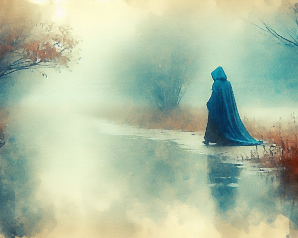 Solitary Figure in Blue Cloak on Misty Path