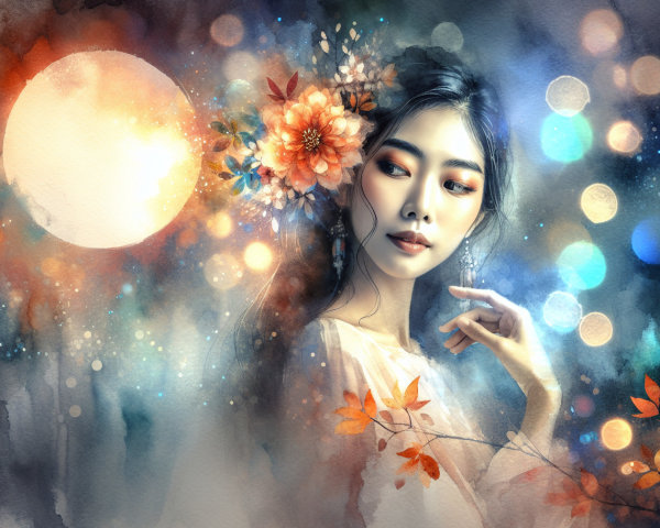 Watercolor Illustration of a Woman with Flowers and Leaves