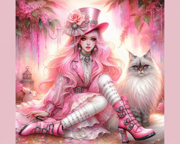 Glamorous Girl in Pastel Floral Fantasy Scene