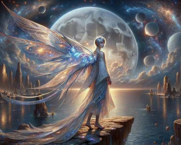 Mystical figure with wings overlooking a cosmic ocean