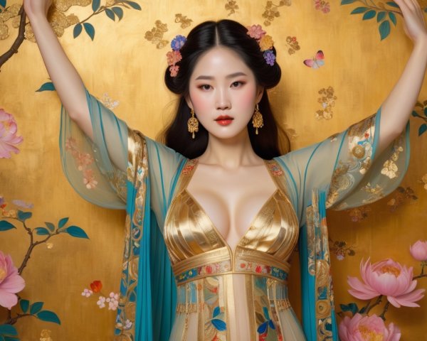 Elegant Woman in Golden and Blue Gown with Floral Accents