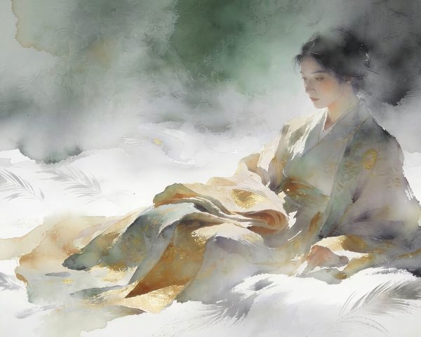 Watercolor Painting of Woman in Yellow Kimono