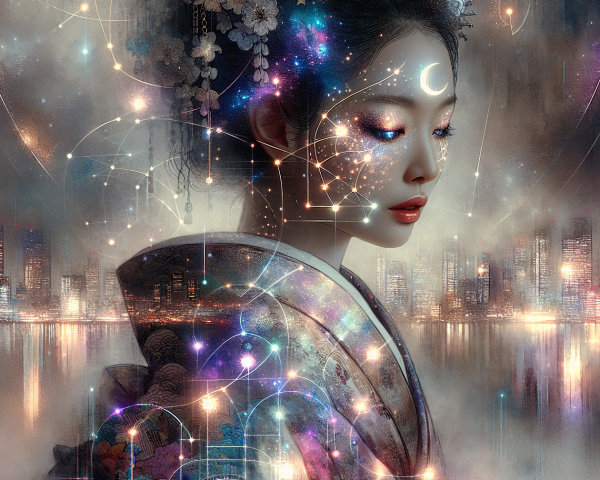 Serene Woman in Traditional Attire with Cosmic Backdrop