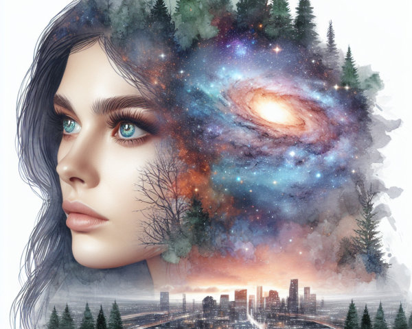 Cosmic Woman's Profile Blending with Nature Elements