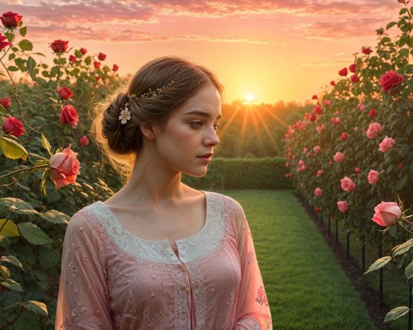 Young woman in pink dress in blooming rose garden