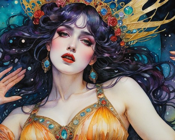Woman in Orange Gown with Golden Crown in Cosmic Setting
