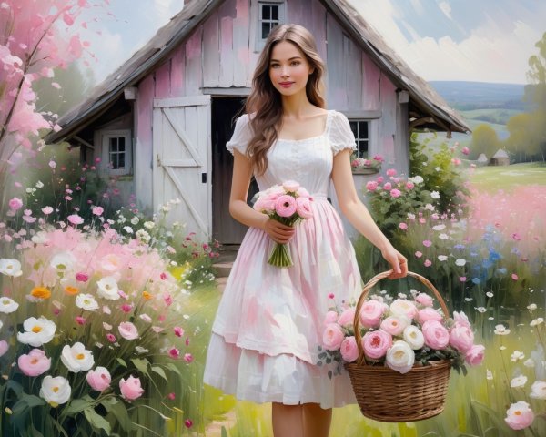 Young woman in white dress by cottage and garden