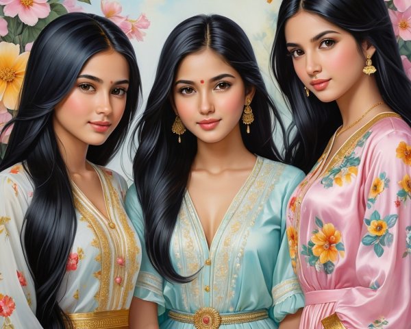 Elegant Traditional Attire on Young Women with Floral Background