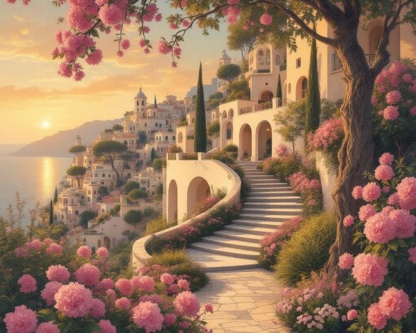 Coastal Path Through Vibrant Flowers and Hillside Homes