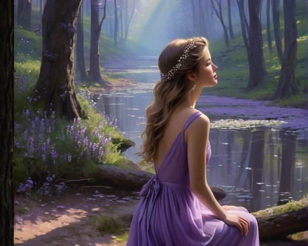 Serene Forest Scene with Blooming Purple Trees