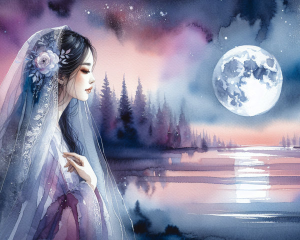 Watercolor Scene of Woman Gazing at Full Moon
