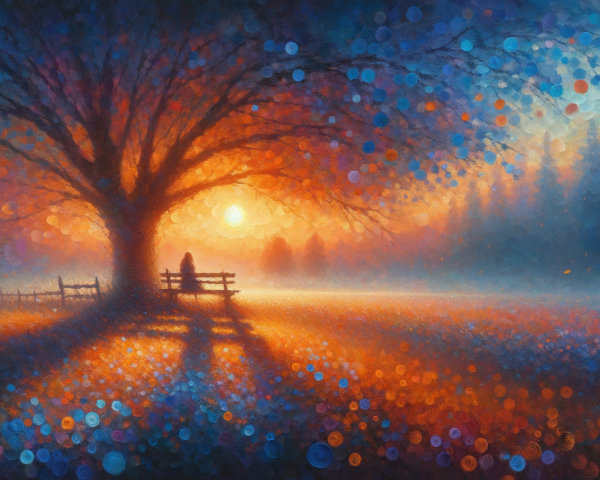 Vibrant sunset over serene landscape with silhouetted figure