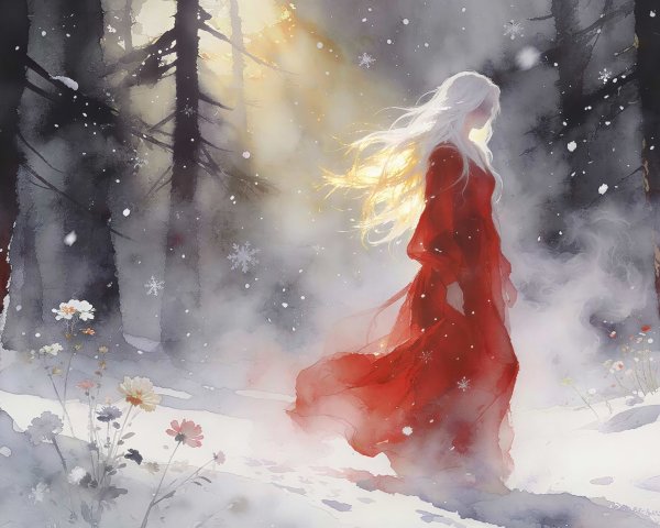 Fantasy Digital Watercolor of Woman in Winter Forest