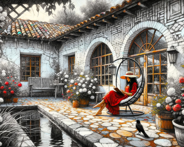 Serene courtyard with woman in red dress reading