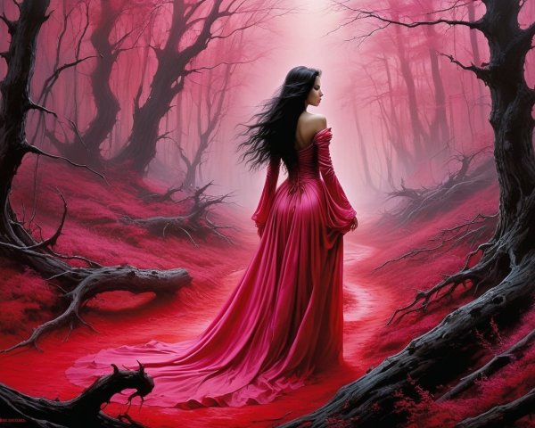 Mysterious Woman in Crimson Gown in Ethereal Forest