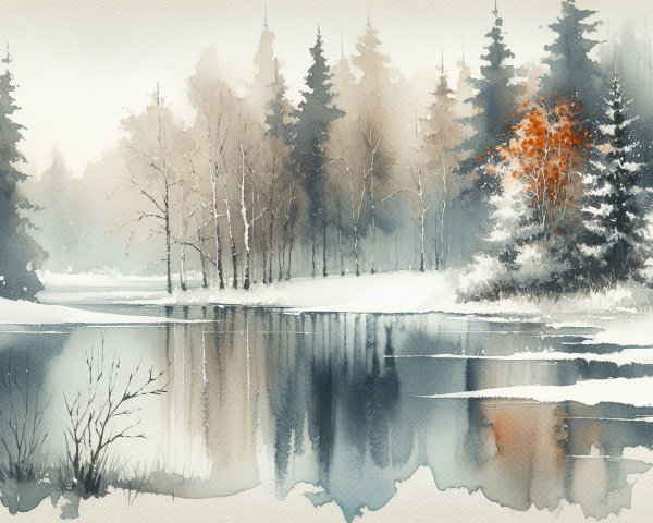 Winter Landscape in Soft Watercolors with Frosted Trees