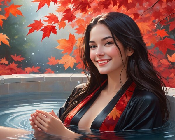 Young Woman in Black Robe Relaxing in Water Bath