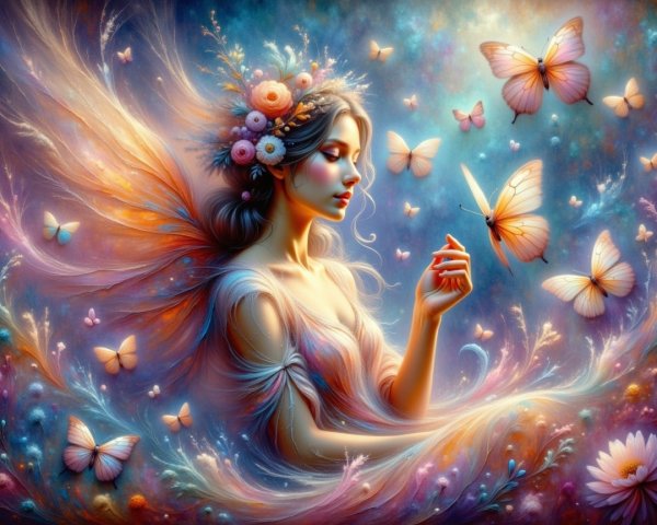 Serene fairy with flowers in a colorful nature scene