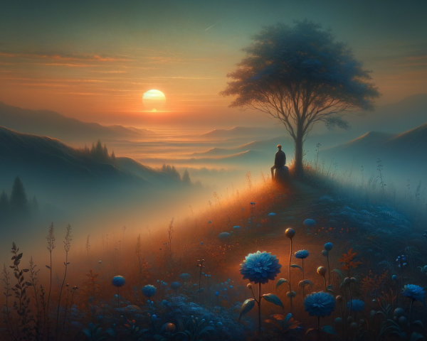 Serene Sunset Landscape with Rolling Hills and Mist