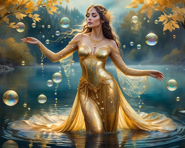 Elegant Figure in Gold Gown at Tranquil Lake