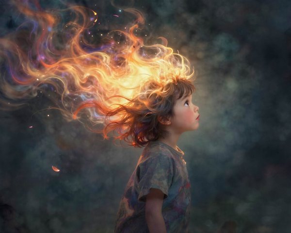 Child in Profile with Hair Transforming into Embers