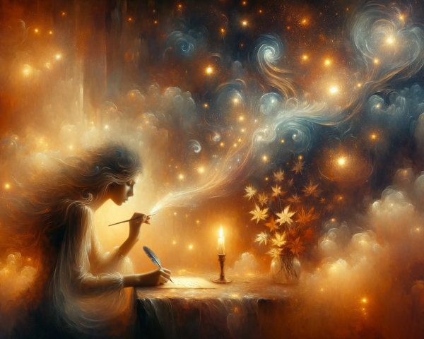 Serene Figure Writing by Candlelight in Cosmic Setting