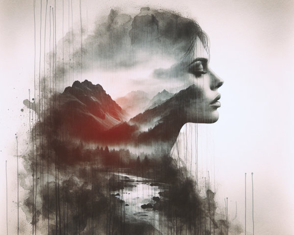 Watercolor Mountain River and Woman's Silhouette Art