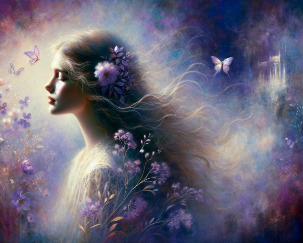 Serene woman with flowers in a dreamy landscape
