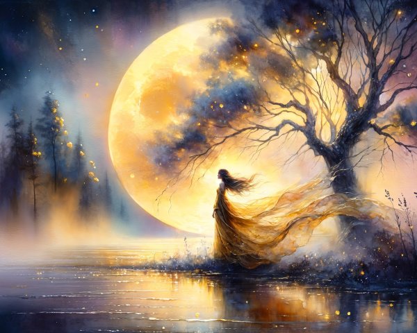 Moonlit Lake Scene with Ethereal Trees and Lights
