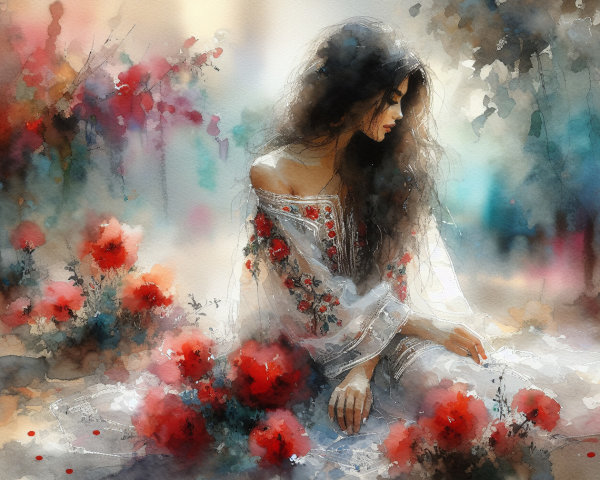 Watercolor Scene of Woman in White Dress with Flowers