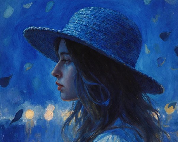 Young woman in blue hat with serene autumn backdrop