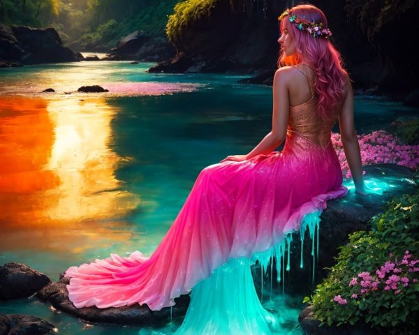 Mermaid by a Turquoise Stream at Sunset