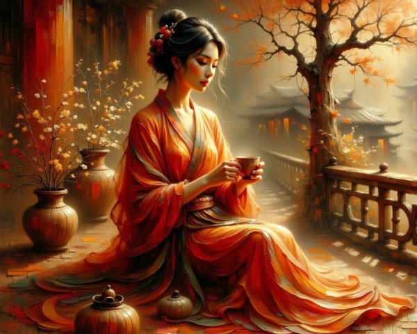 Serene Woman in Orange Kimono in Autumn Landscape