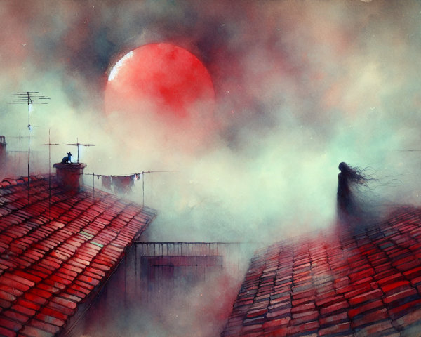 Surreal Landscape with Red Sun and Silhouetted Figures