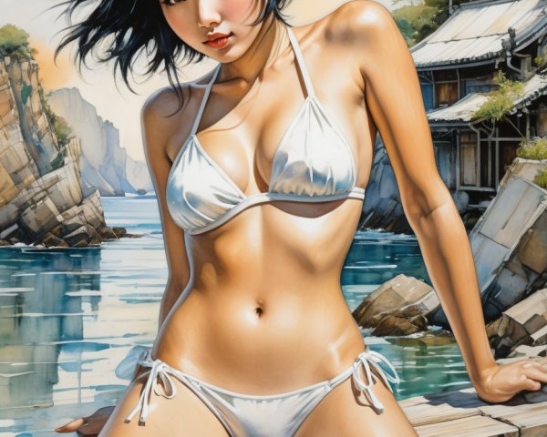 Figure in White Bikini at Serene Waterfront Scene