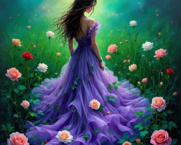 Young Woman in Elegant Gown in Vibrant Garden