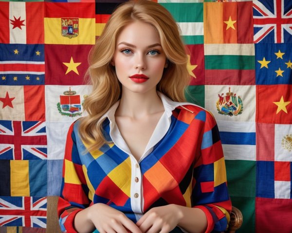 Young Woman in Colorful Shirt Against Flag Backdrop