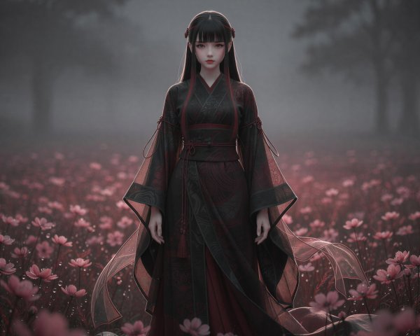 Young Woman in Traditional Kimono in Flower Field