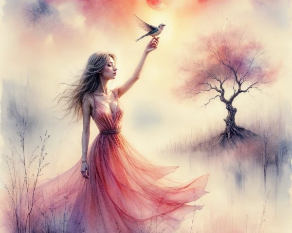 Ethereal Woman in Pink Dress with Bird and Moonlight