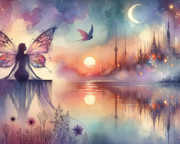 Whimsical Butterfly-Winged Figure by Serene Lake