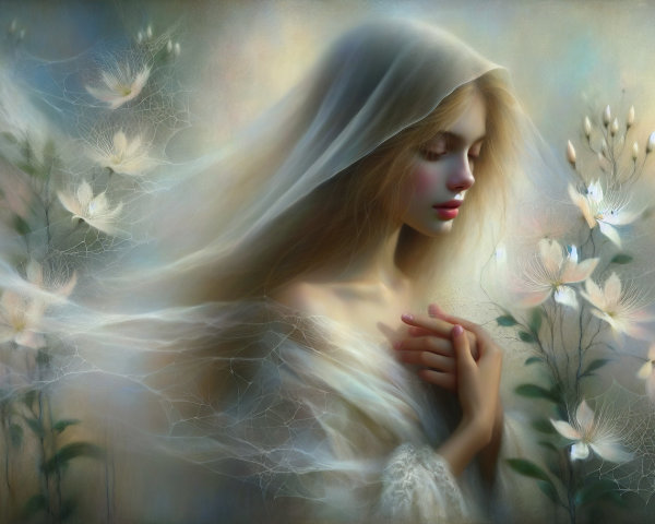 Ethereal figure surrounded by softly blooming flowers