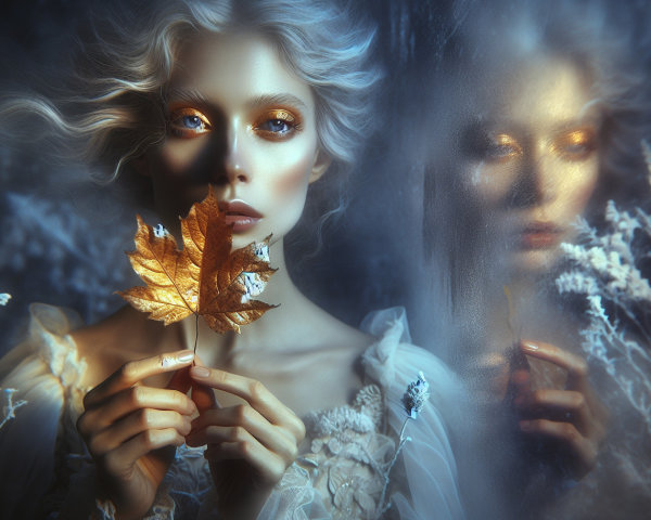Mystical Scene of Woman with Silver Hair and Leaf