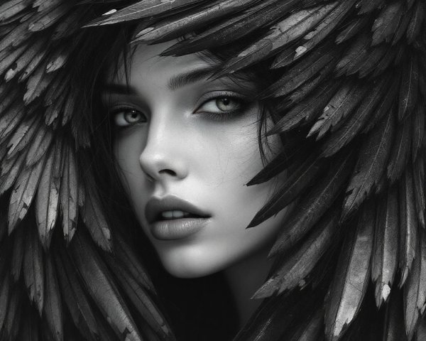 Black-and-white portrait of a woman with feathers
