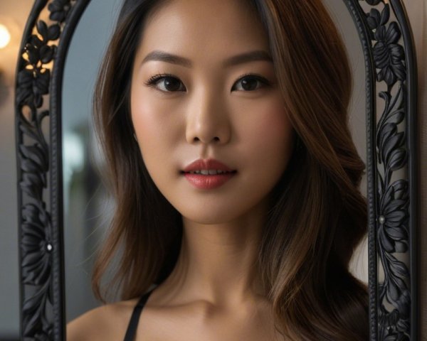 Young Woman Posing Elegantly Before Decorative Mirror