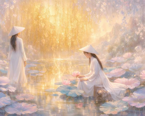 Photorealistic Scene of Vietnamese Women in a Pond