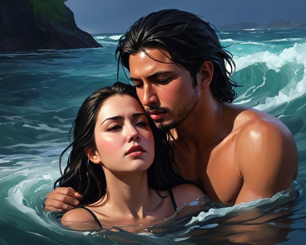 Couple Embracing in Ocean with Vibrant Waves