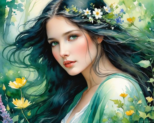 Portrait of a Young Woman with Flowers in Nature