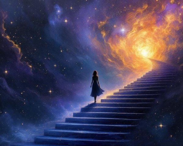 Solitary Figure Ascending Grand Staircase to Cosmos