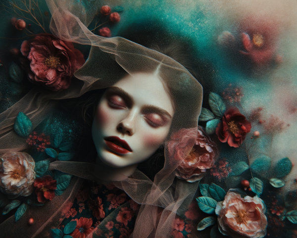 Serene female figure with floral backdrop and veil