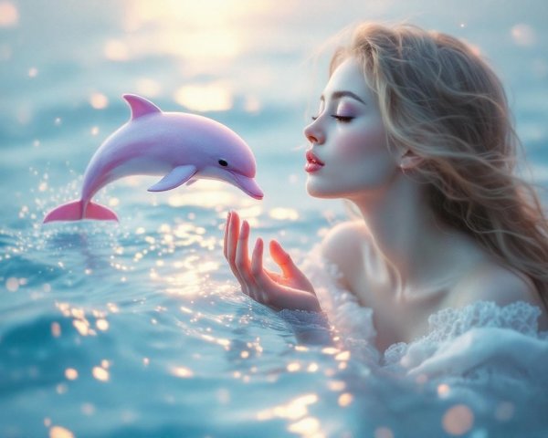 Ethereal Scene of Woman and Dolphin in Tranquil Waters